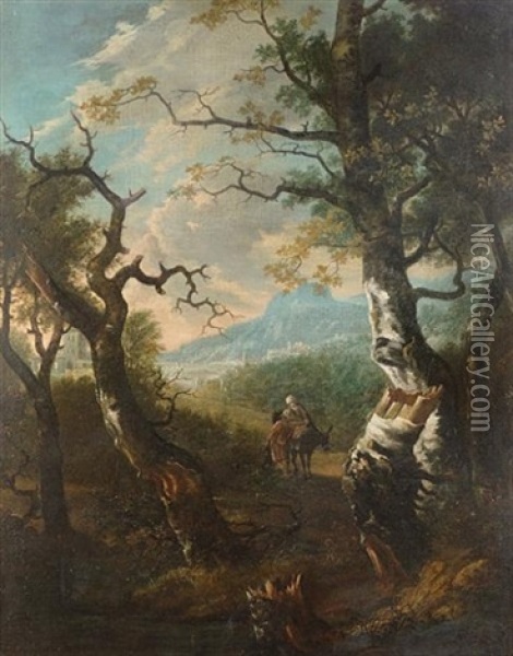 An Italianate Landscape With Travellers On A Country Path A View To A Hillside Town Beyond Oil Painting - Adam Pynacker