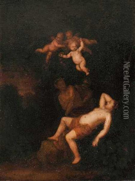 Schlafende Nymphe, Von Zwei Satyrn Beobachtet Oil Painting - Cornelis Van Poelenburch