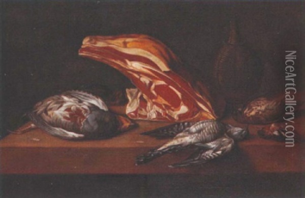 A Still Life Of Meat, Game And Songbirds Beside A Flask Of Wine On A Wooden Table Oil Painting - Pieter van Plas
