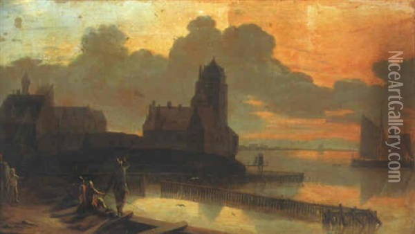 A Dutch Estuary At Sunset With Anglers On A Quay Oil Painting - Gerrit Adriaensz Berckheyde