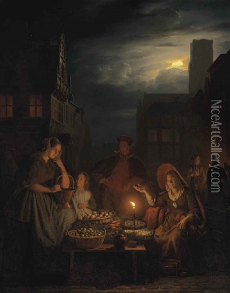 A Nightmarket With A Stallholder Offering Her Wares Oil Painting - Petrus van Schendel
