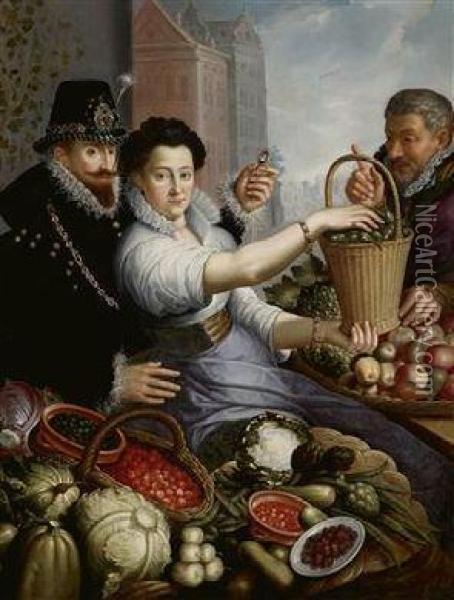 Portrait Of An Aristocratic Couple As Vegetable Sellers Oil Painting - Jean Baptiste de Saive
