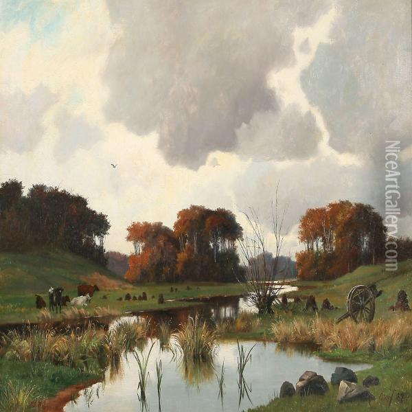 Autumn Landscape With Grazing Cattle Near A River Oil Painting - Oscar Herschend