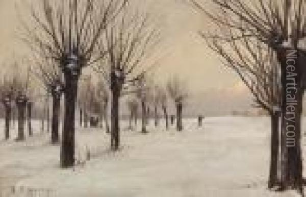 Winterlandschaft Mit Weiden Und Spaziergangern. Oil Painting - Jean Philippe George-Juillard