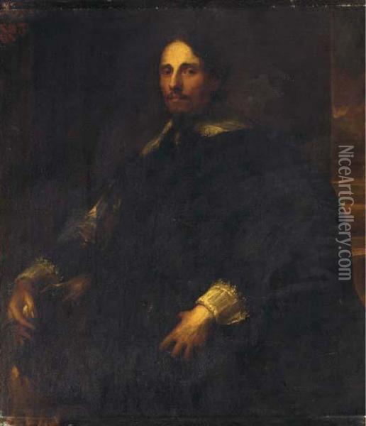 Portrait Of Philippe Le Roy, 
Lord Of Ravels, Half-length, In Blackrobes And Lace Collar And Cuffs, 
With A Hound At His Side Oil Painting - Sir Anthony Van Dyck