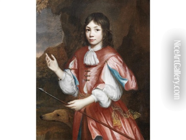 Portrait Of A Boy, Three-quarter-length, Standing Beside A Rock, His Hand Resting On The Hilt Of His Sword (+ And Portrait Of A Boy, Three-quarter-length, In Red Costume Holding A Spear, A Hound At His Side; Pair) Oil Painting - Martin (Martinus I) Mytens