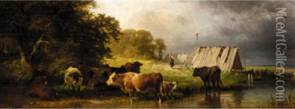 Cattle Watering Oil Painting - Friedrich Johann Voltz
