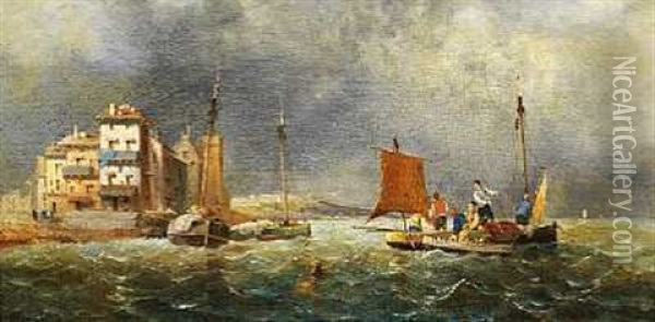 Sydlandsk Havnemotiv Med Fiskerbade I Forgrunden Oil Painting - Ferdinand Bonheur