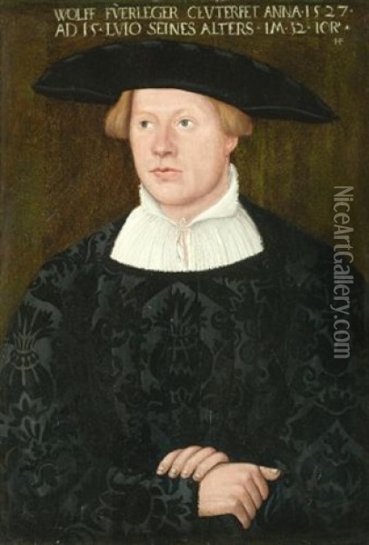 Portrait Of Wolff Fuerleger, Aged 32, Three-quarter Length, Wearing An Embroidered Black Coat Oil Painting - Hans Brosamer