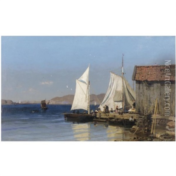 Ved Bryggen, At The Quayside Oil Painting - Niels Bjornsen Moller