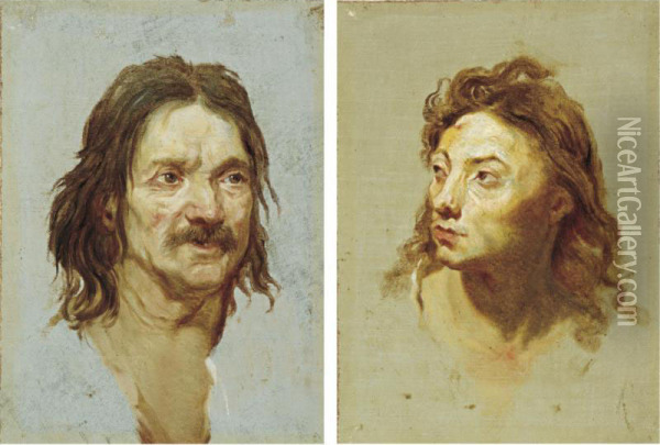 Head Of A Man With A Moustache; Head Of A Young Man Turned To His Right Oil Painting - Etienne Louis Advinent