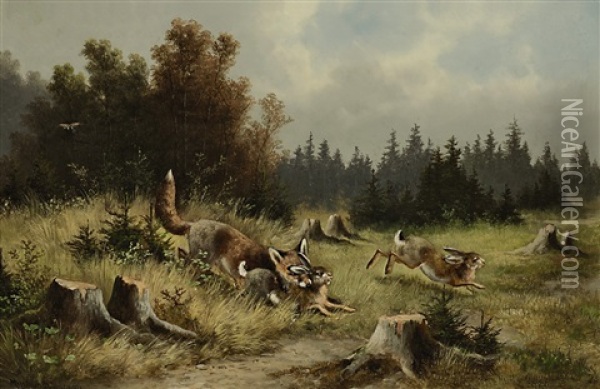 Fuchs Bei Der Hasenjagd Oil Painting - Moritz Mueller the Elder