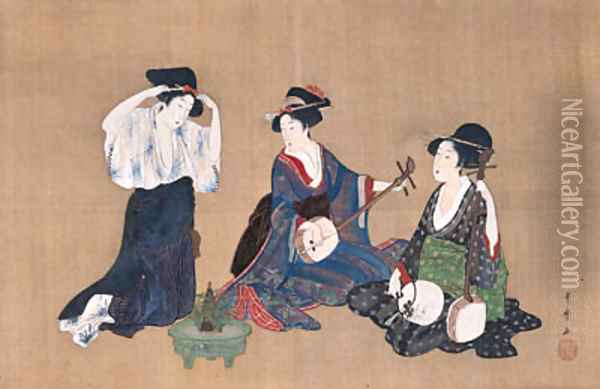 Three beauties Oil Painting - Kitagawa Utamaro
