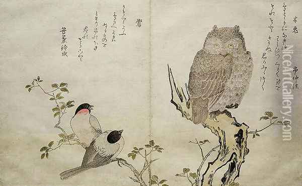 An Owl and two Eastern Bullfinches, from an album Birds compared in Humorous Songs, Contest of Poetry of the 100 and 1000 birds, 1791 Oil Painting - Kitagawa Utamaro