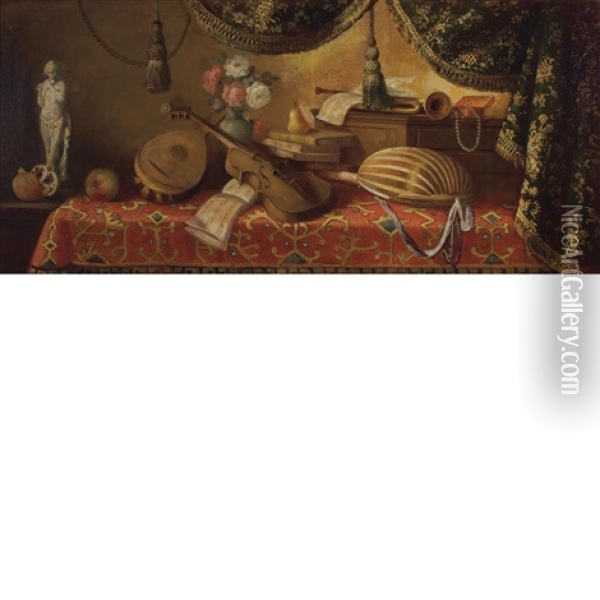 Still Life Of Musical Instruments, Books, And Other Objects On A Table Oil Painting - Evaristo Baschenis