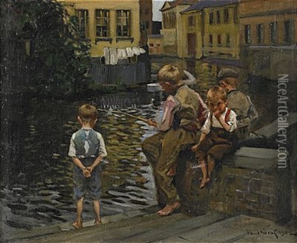 Metande Gossar - Brugge Oil Painting - Paul Edmund Graf