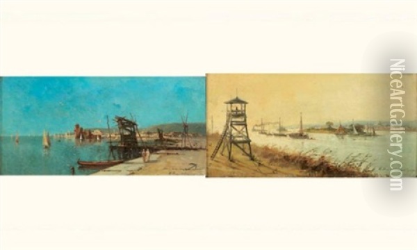 L'entree Du Port En Turquie (+ Vue Du Bosphore; Pair) Oil Painting - Jean Baptiste Henri Durand-Brager