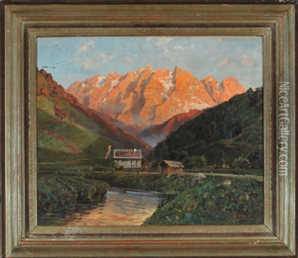 Alpengluhen Im Wettersteingebirge Von Ehrwald Aus Oil Painting - Karl Kaltenmoser