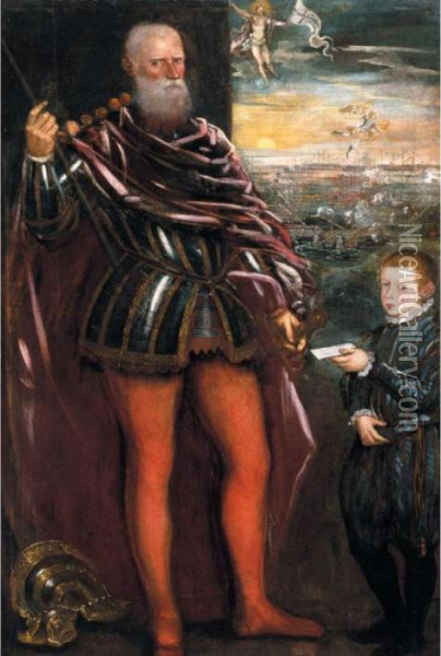 Ritratto Di Sebastiano Veniero Con Paggio, La Battaglia Di Lepanto Nello Sfondo Oil Painting - Jacopo Robusti, II Tintoretto