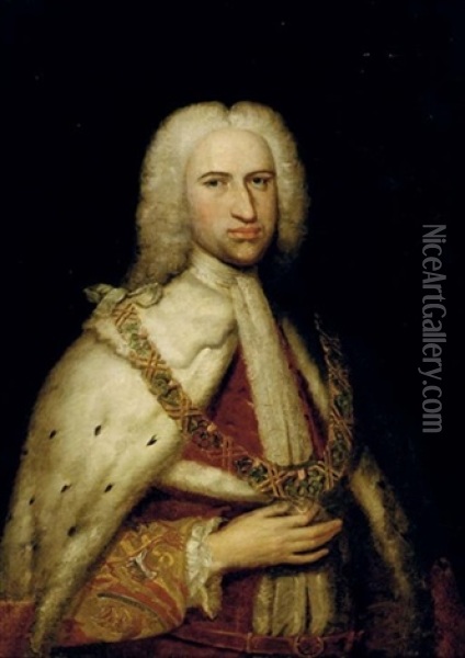 Portrait Of A Nobleman, In Garter Robes With The Order Of St. George Oil Painting - Jonathan Richardson