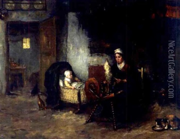 The Spinning Wheel Oil Painting - Bernard de Hoog