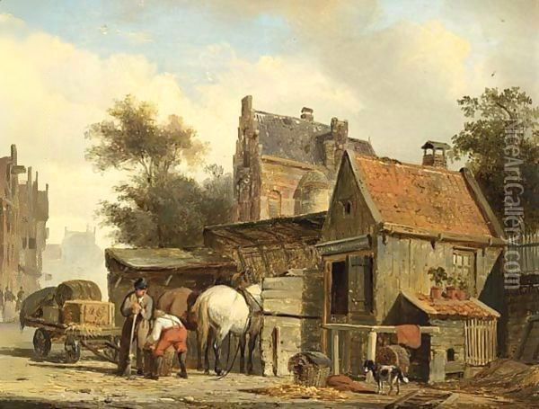A Street Scene With A Blacksmith At Work Oil Painting - Cornelis Springer