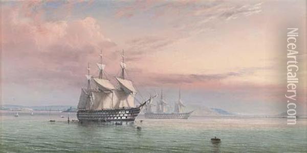 A Three-decker Taking On Provisions In Plymouth Sound Oil Painting - William Frederick Settle