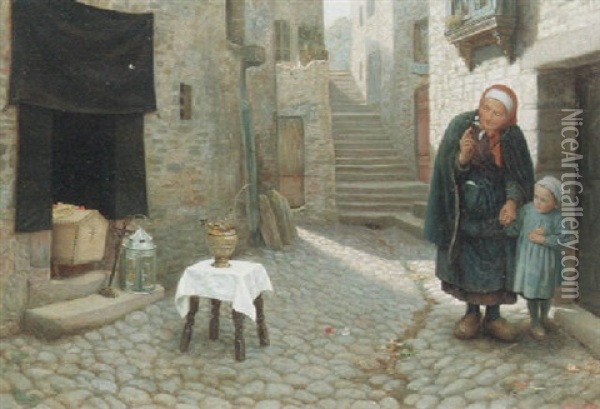 The Old Neighbour Gone Before : A Street Episode In Brittany Oil Painting - Arthur Hughes