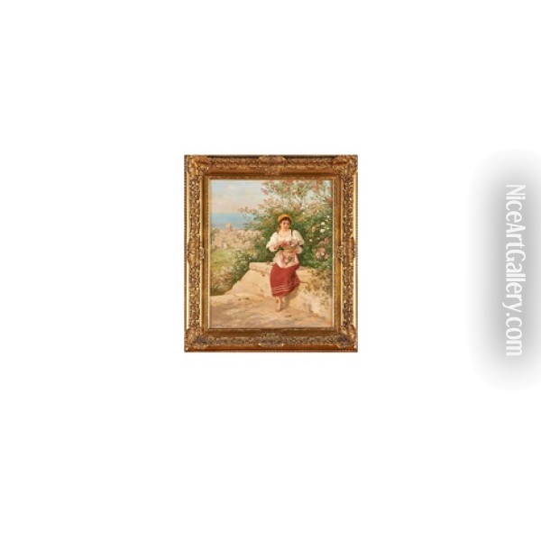 Flower Girl, Naples Oil Painting - Luigi Olivetti