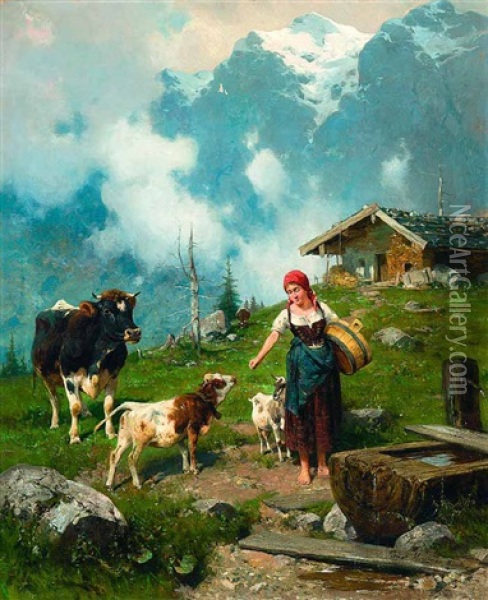 Auf Der Alm Oil Painting - Adolf Ernst Meissner