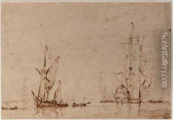 A Three-master And Other Ships On The Open Sea Oil Painting - Willem van de, the Elder Velde