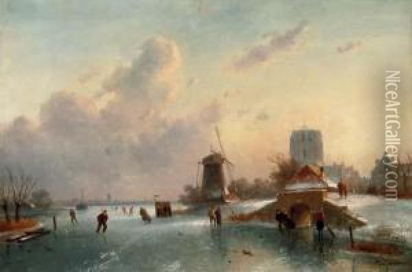 On The Ice On A Sunny Day Oil Painting - Charles Henri Leickert