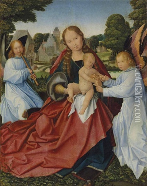 The Virgin And Child With Angels, In A Landscape Oil Painting - Jan Provoost