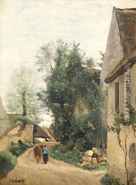 Auvers, Une Rue De Village Avec Une Paysanne Et Sa Vache Oil Painting - Jean-Baptiste-Camille Corot