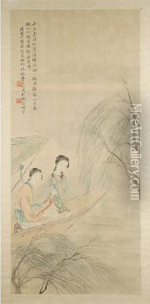 Ladies In A Boat Oil Painting - Fei Danxu
