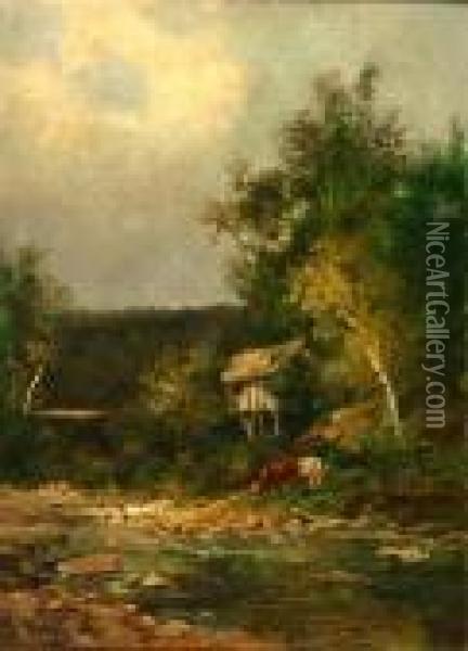 River Landscape With Covered Bridge Oil Painting - William Keith