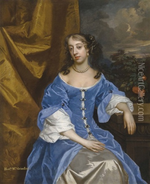 Portrait Of Hon. Mrs Grimston, Nee Finch, Afterwards Lady Elizabeth Grimston (1650-1675), Three-quarter-length, In A Blue Dress, Resting Her Left Arm On A Pedestal Oil Painting - Sir Peter Lely