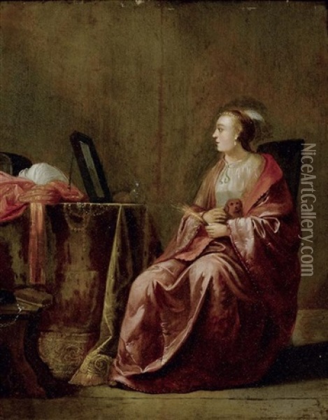 Dame Mit Einem Hundchen Vor Einem Spiegel Oil Painting - Willem de Porter