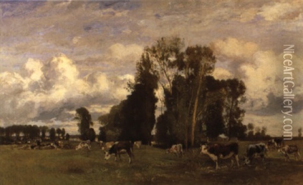 Weidende Kuhe In Aulandschaft Oil Painting - Eugen Jettel