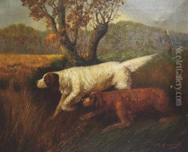 Two Pointers With A Huntsman In Landscape Oil Painting - Joseph Malachy Kavanagh