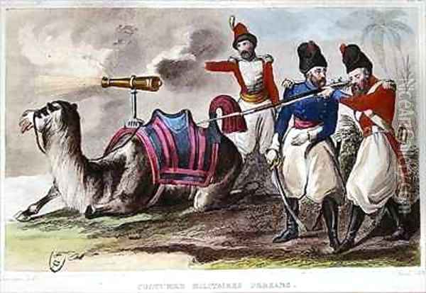 Nineteenth Century Persian Military Costumes and a Camel bearing a cannon Oil Painting - Rene Demoraine