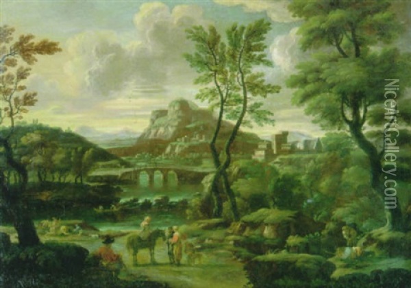 Italienische Landschaft Mit Wanderern Und Reitern Oil Painting - Giovanni Francesco Grimaldi