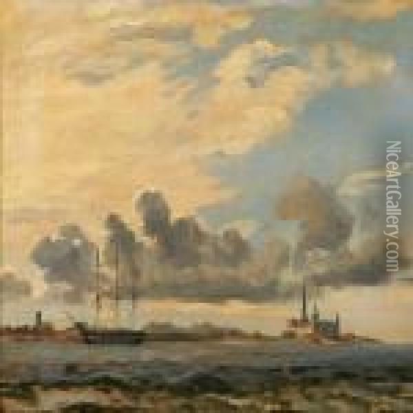 Coastal Scene With A Saling Ships Near Elsinor Castle Oil Painting - C. F. Sorensen