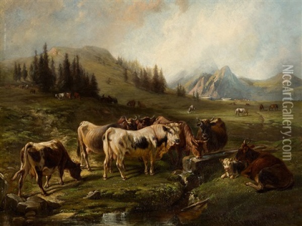 Cows On Pasture Oil Painting - Benno Raffael Adam