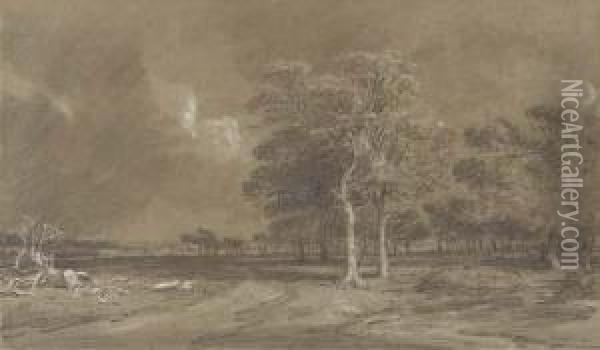 An Extensive Parkland Landscape Oil Painting - William Alfred Delamotte