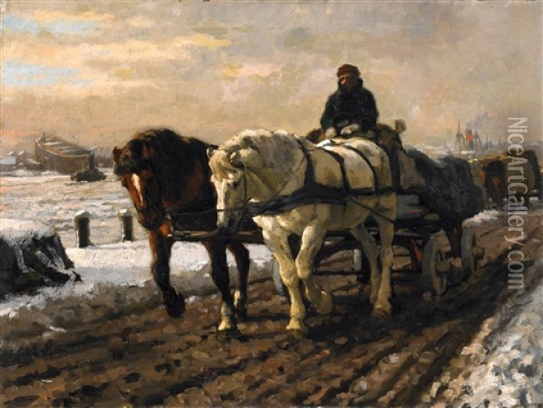 Pferdefuhrwerke An Der Verschneiten Kaimauer Oil Painting - Gijsbertus Johannes Van Overbeek