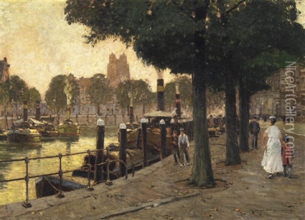 Promenade An Einer Hollandischen Gracht. Amsterdam(?) Oil Painting - Heinrich Hermanns