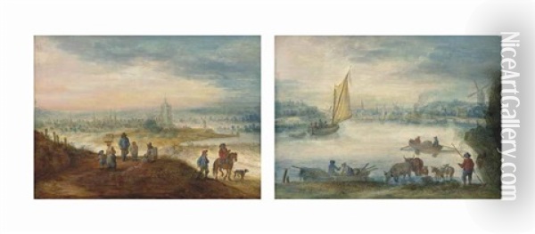 An Extensive Landscape With Travellers On A Track, A Church And Town Beyond; And An Extensive River Landscape With A Herdsman Watering His Animals And Figures In Boats (pair) Oil Painting - Theobald Michau
