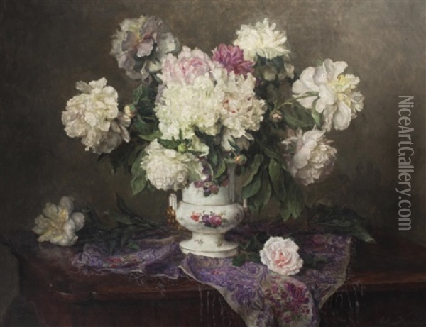 Still Life With Peonies Oil Painting - Anton Wrabetz