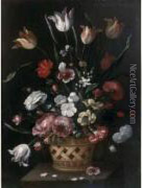  Grand Bouquet De Fleurs Dans Un Vase En Osier Tresse  Oil Painting - Pedro de Camprobin
